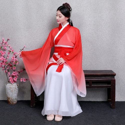 Chinese folk dance hanfu dresses blue red gradient ancient traditional stage performance fairy drama cosplay Japanese Korean kimonos dresses